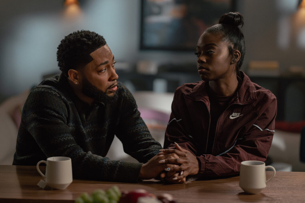 L-R: Jacob Latimore as Emmett and Birgundi Baker as Kiesha in The Chi, episode 2, season 8, streaming on Paramount+, 2026. Photo Credit: Sandy Morris/Paramount+.
